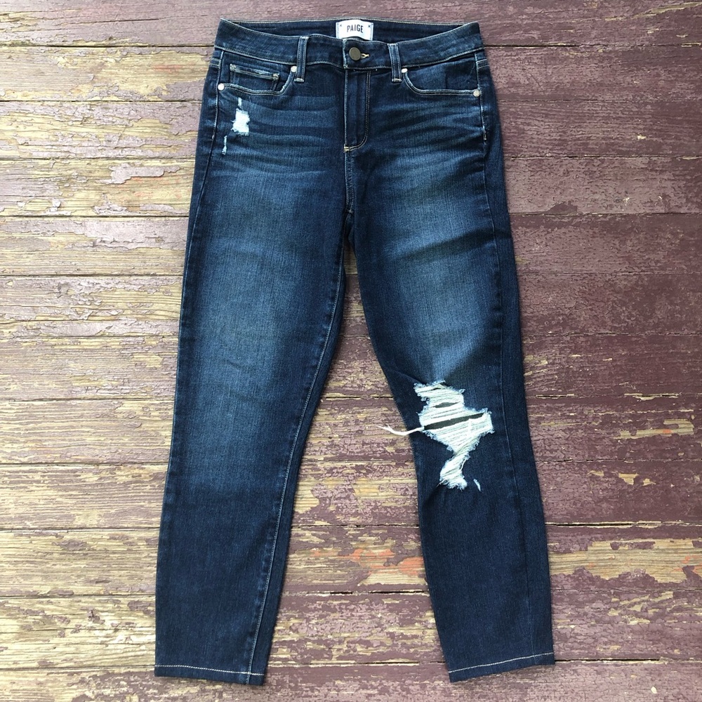 Paige Verdugo Ankle Jeans Dark Wash Distressed Skinny Stretch Size 28